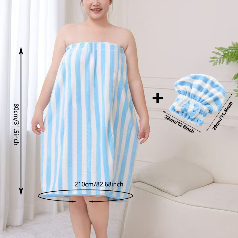 Blue Coral Fleece Bath Skirt with Matching Hair Towel – Soft Absorbent Wrap Dress for Women, Quick-Dry Shower Robe Set with Elastic Waistband and Adjustable Fit