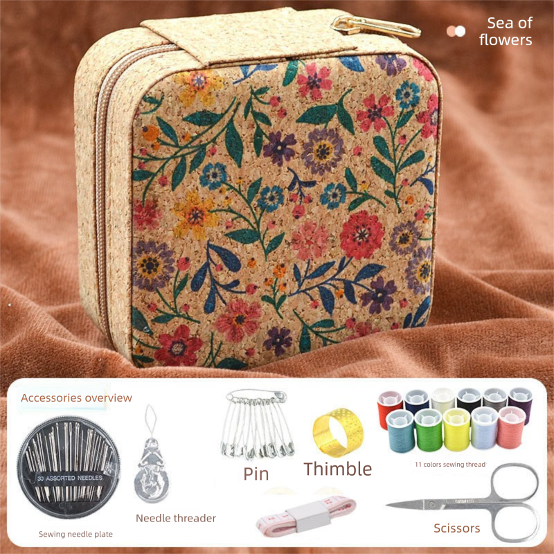Brown Flower Sea Style Portable Sewing Kit – Compact Travel Set with Needles, Thread, Scissors, Thimble, and Pin Cushion for Home, Dorm, or Emergency Repairs