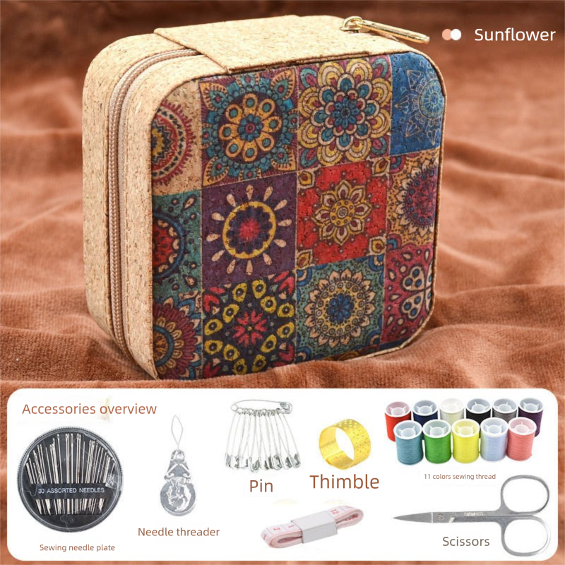Brown Sunflower Design Portable Sewing Kit – Compact Travel Set with Needles, Thread, Scissors, Thimble, and Pin Cushion for Home, Dorm, or Emergency Repairs
