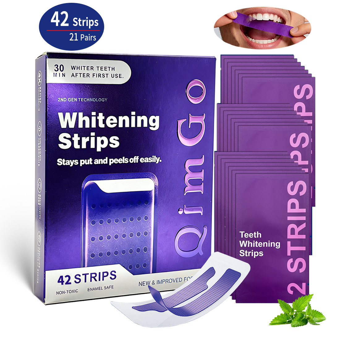 21 Pairs Purple Teeth Whitening Strips – Stain-Removing Film for Brighter Smile, Non-Toxic and Enamel Safe