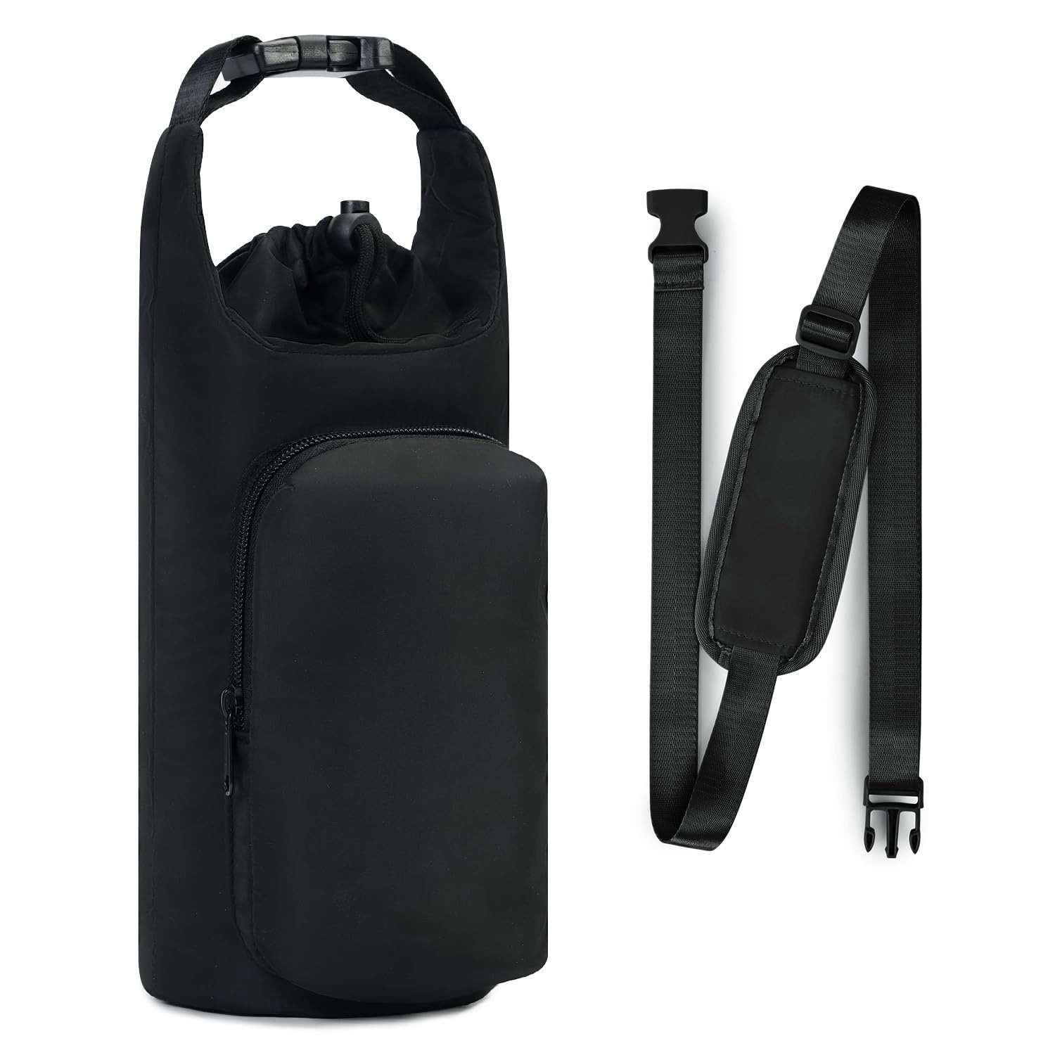 Black Insulated Water Bottle Carrier with Shoulder Strap – Portable Sleeve for Large Bottles, Featuring Front Pocket and Key Hook