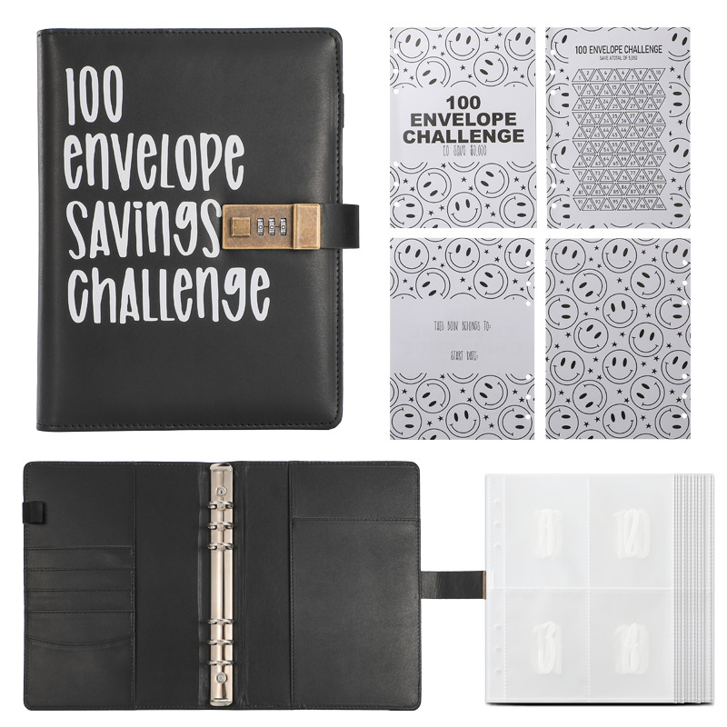 100 Envelope Savings Challenge Binder with Password Lock A5 Cash Stuffing Budget Planner Book Money Organizer for Couples (Black)