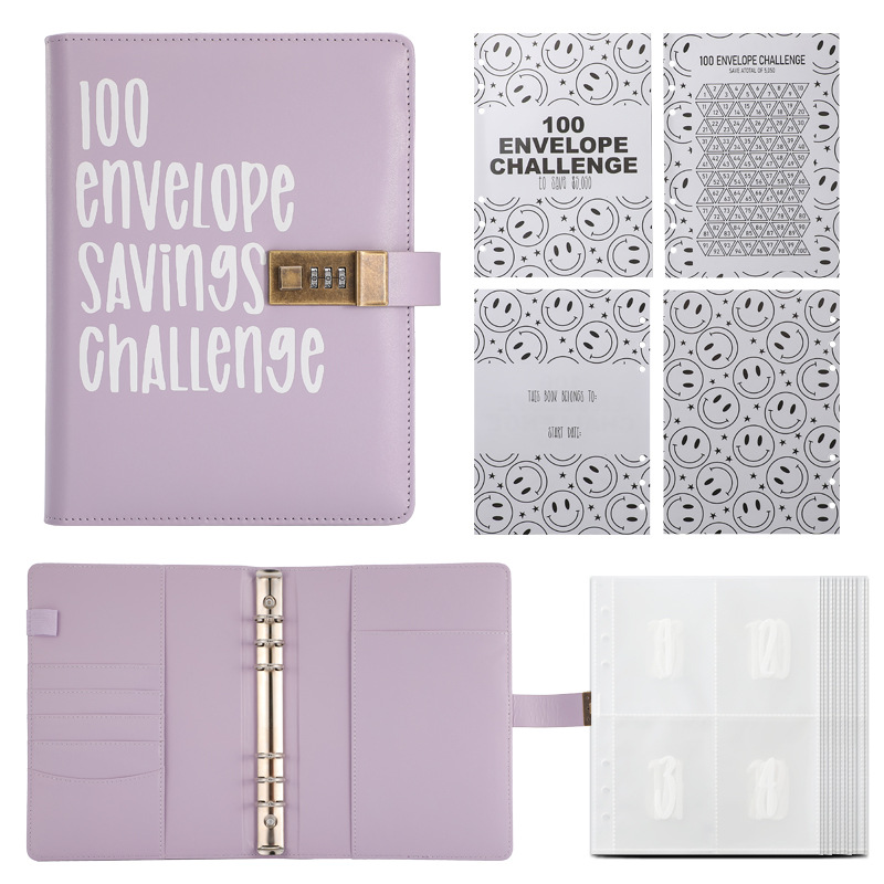 100 Envelope Savings Challenge Binder with Password Lock A5 Cash Stuffing Budget Planner Book Money Organizer for Couples (Purple)