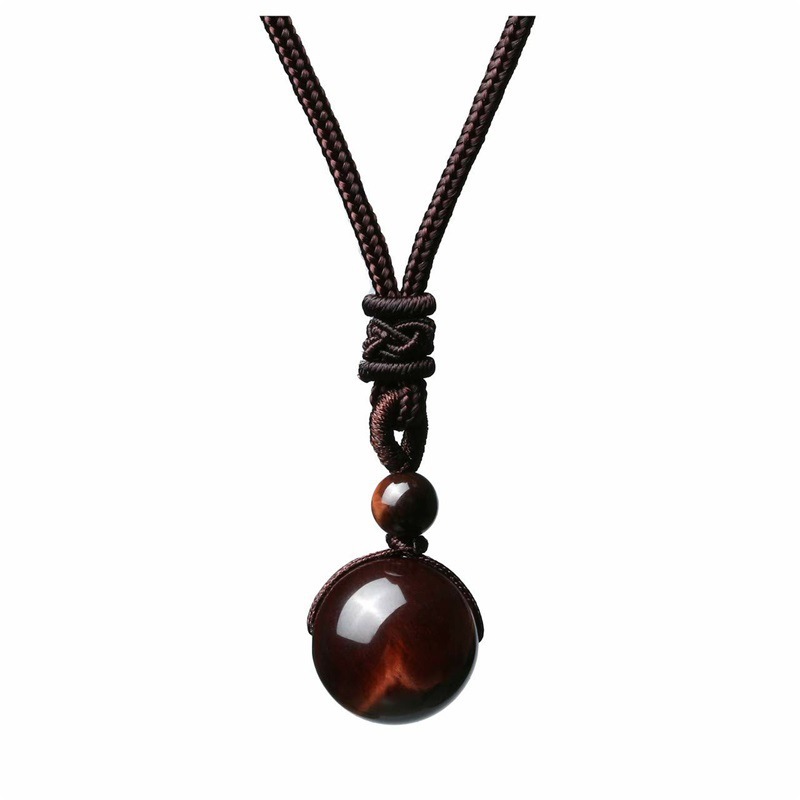 Natural Red Tiger Eye Necklace 16mm Round Stone Pendant Hand Braided Rope Lucky Protection Amulet Jewellery Gift for Men & Women