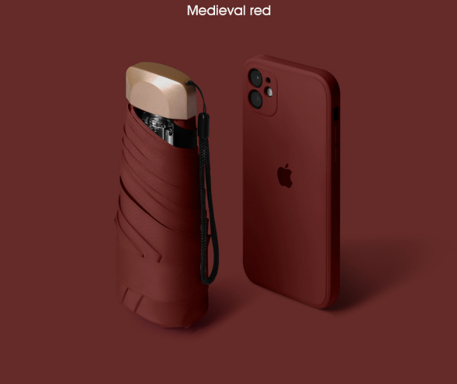 Compact Mini Pocket Umbrella UPF50+ Sun Protection Lightweight Travel Parasol - Windproof 5-Fold Rain Shade with Flat Gold Handle (Medieval Red)