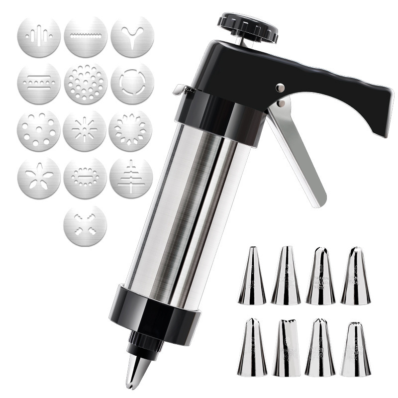 Stainless Steel Cookie Press Maker Kit with 13 Disc Molds and 8 Icing Tips Black Manual Biscuit Machine Set