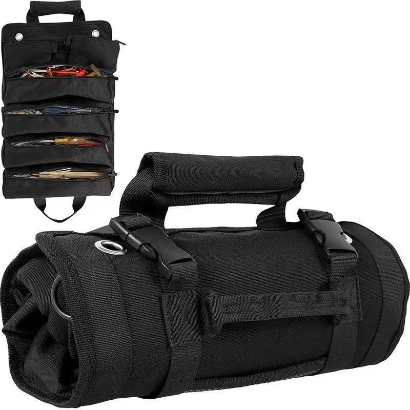 Heavy Duty Tool Roll Up Bag Organiser Multi-Pocket Canvas Carry Pouch for Electrician DIY Mechanic & 4WD Camping Black