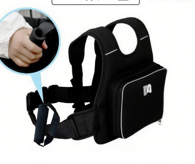 Child Motorcycle Safety Harness Strap Adjustable Passenger Belt with Handles & Storage Pocket Breathable Linen Black for Scooter