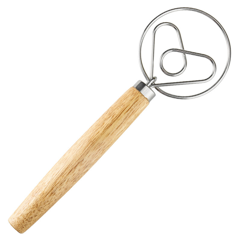 Danish Dough Whisk Heart Shaped Design Short Oak Wood Handle Stainless Steel Bread Mixer Tool for Sourdough Pizza & Batter