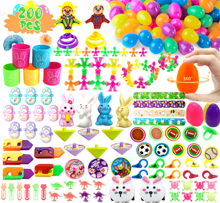 200 PCS Easter Party Favours Set with Plastic Eggs & Assorted Toys - Bulk Fillers for Kids Egg Hunts, Basket Stuffers & Classroom Rewards