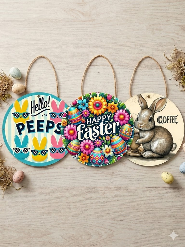 3 PCS Easter Wooden Hanging Signs Round Wall Decor Bunny and Egg Designs 20cm Front Door Plaque