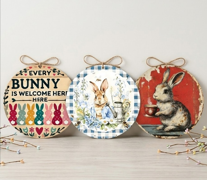 Easter Wooden Door Sign & Hanging Ornament 3-Piece Set – Colorful Bunny Slogans, Blue Gingham Watering Can, and Coffee Bunny Designs