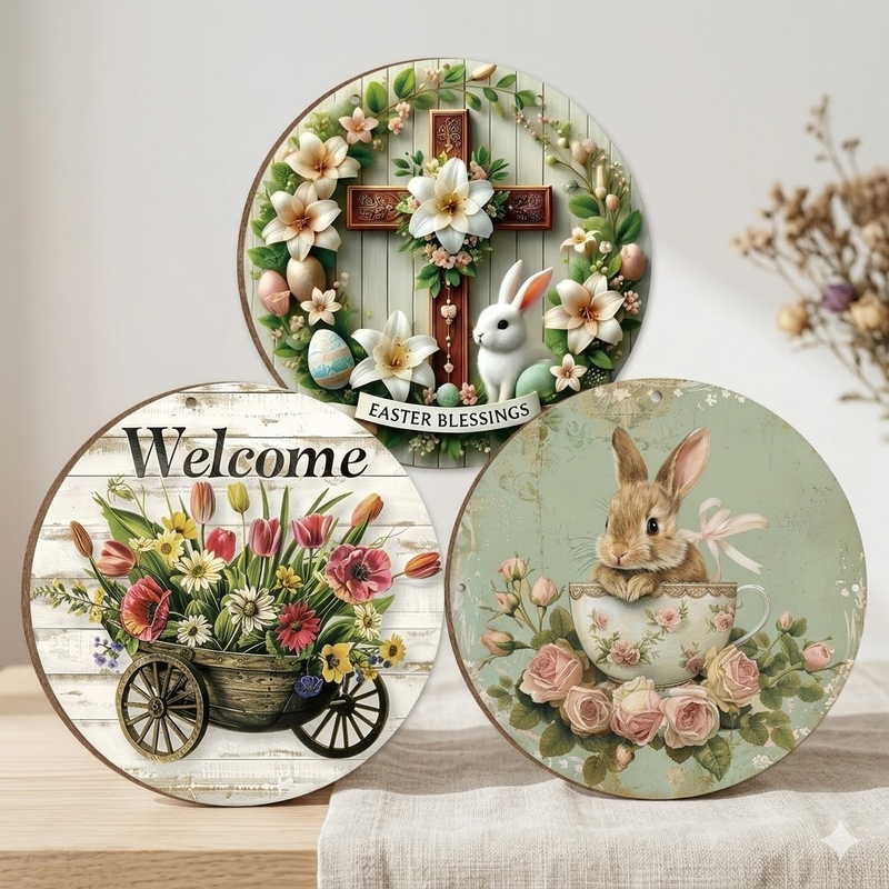 Easter Wooden Door Sign & Hanging Ornament 3-Piece Set – Festive Bunny, Tulip Flower Cart, and Rose Teacup Bunny Designs