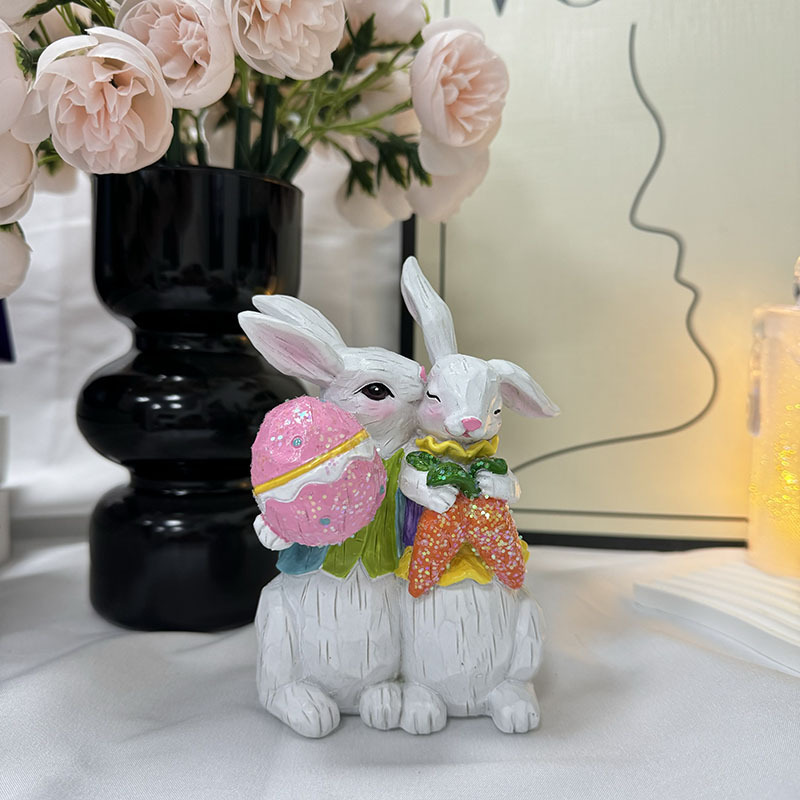Easter Bunny & Carrot Figurine Set – Cute Rabbit Couple Indoor Home Decoration Resin Craft Ornaments