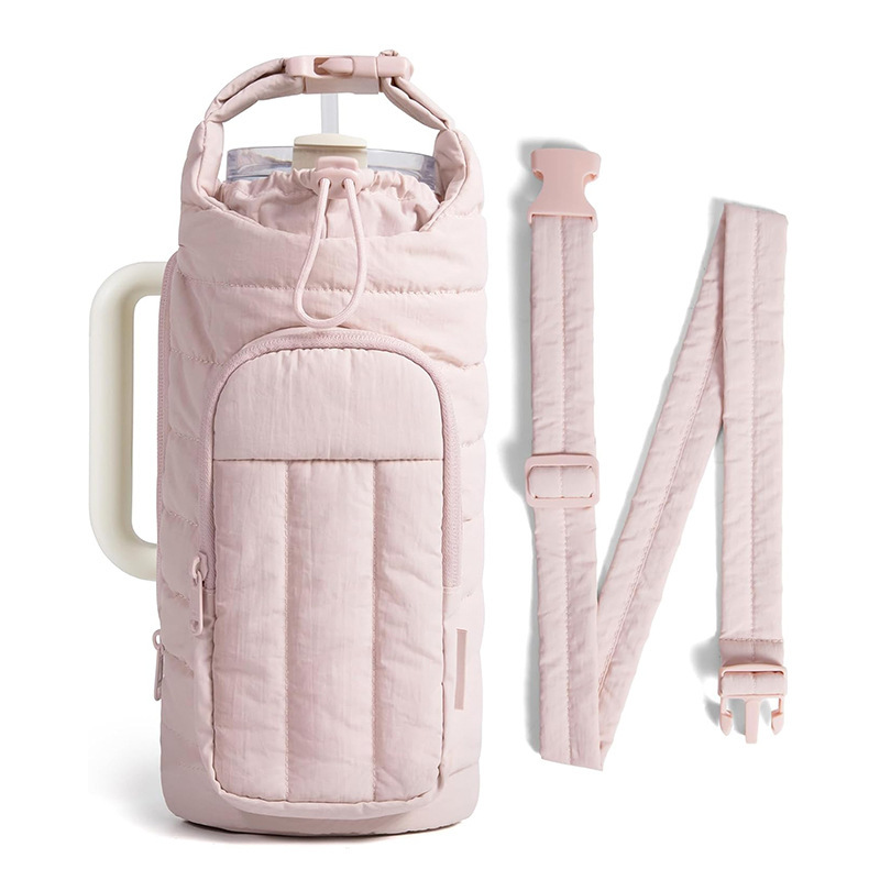 Pink Nylon Quilted Insulated Water Bottle Bag for 18-64oz Flask - Lightweight Sports & Travel Puffer Shockproof Protective Pouch