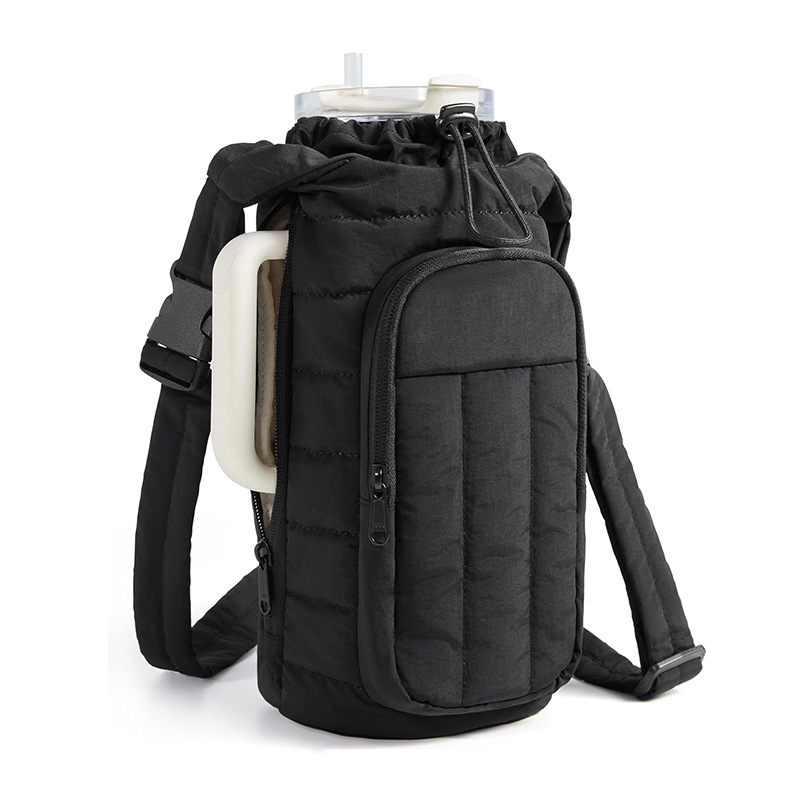 Black Nylon Quilted Insulated Water Bottle Bag for 18-64oz Flask - Lightweight Sports & Travel Puffer Shockproof Protective Pouch