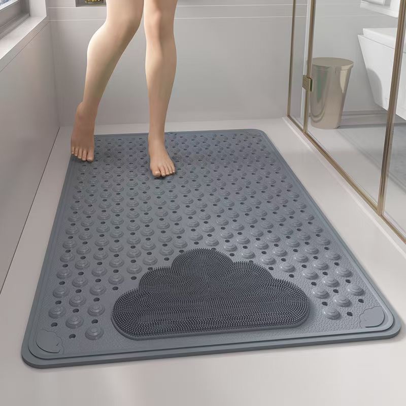 Grey Eco-Friendly Bath Mat with Massage Points - Anti-Slip Suction Cup Safety Bathroom Rug (L Size 86.5X53x2 CM)