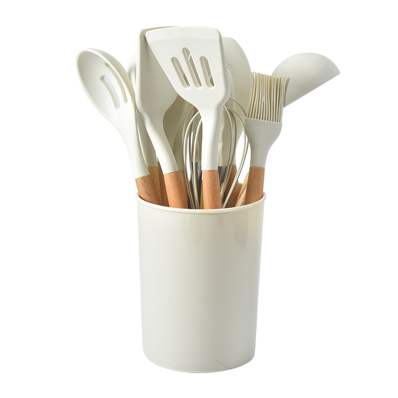 12-Piece White Heat-Resistant Silicone Cooking Utensils with Wooden Handles and Box - Non-Stick Scratch-Free Kitchen Tool Kit