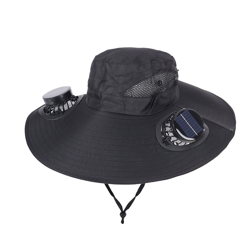 Black Dual Turbo Fan Sun Hat with Round Solar Panel & TypeC Interface - Waterproof 14cm Wide-Brim Cooling Hat for Outdoor Fishing Hiking Camping