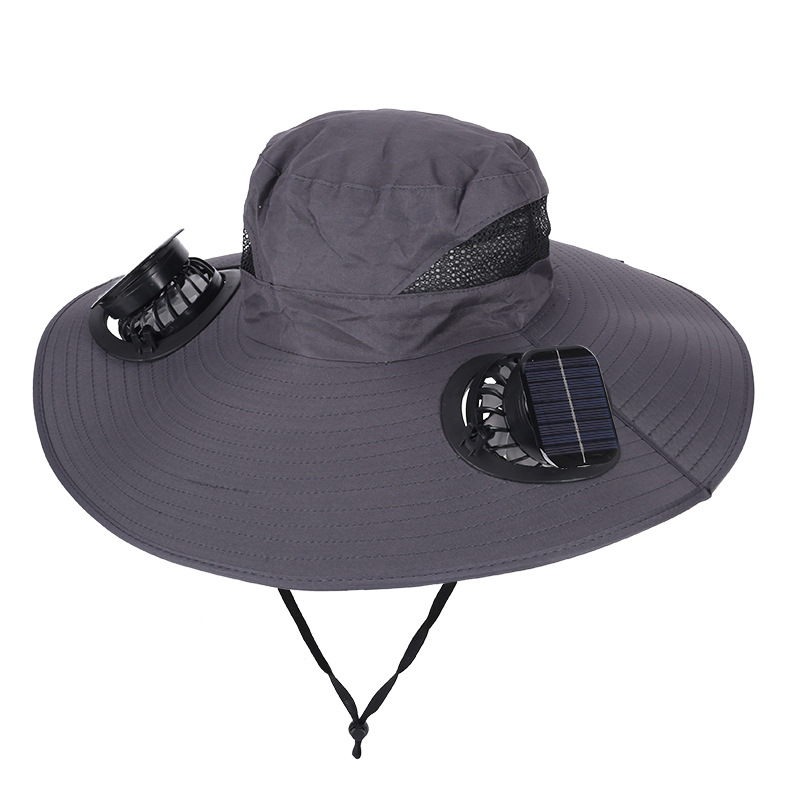 Dark Grey Dual Turbo Fan Sun Hat with Square Solar Panel & TypeC Interface - Waterproof 14cm Wide-Brim Cooling Hat for Outdoor Fishing Hiking Camping