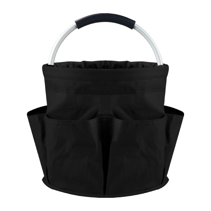 Black Foldable Oxford Cloth Round Picnic Basket with Padded Metal Handle - 6 Pocket Large Capacity Storage Tote for Outdoor Beach and Shopping