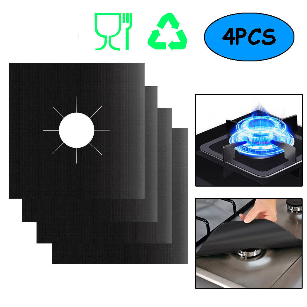 4-Piece Black Reusable Oil-Proof Teflon Stovetop Burner Liners - Cuttable, Non-Stick, Heat-Resistant & Dishwasher Safe Clean Pad