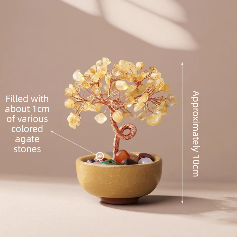 Natural Yellow Crystal Money Tree with Agate Basin & Adjustable Wire Branches - Desktop Feng Shui Decor for Wealth and Prosperity