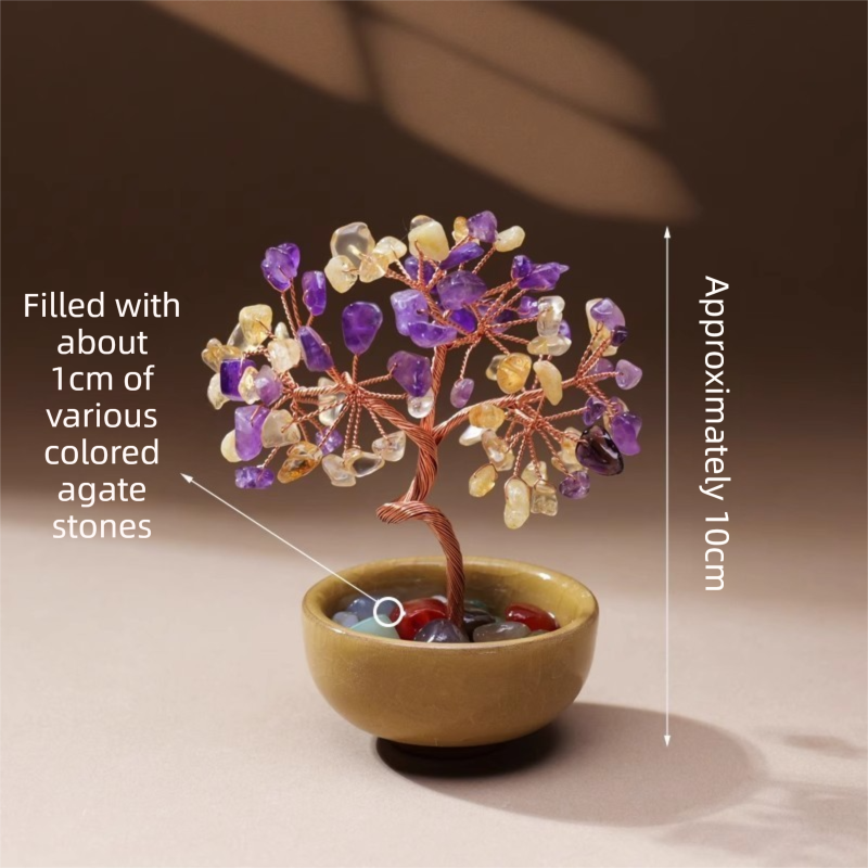 Natural Yellow-Purple Crystal Money Tree with Agate Basin & Adjustable Wire Branches - Desktop Feng Shui Decor for Wealth and Prosperity