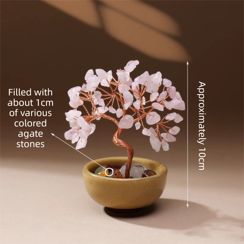 Natural Pink Crystal Money Tree with Agate Basin & Adjustable Wire Branches - Desktop Feng Shui Decor for Wealth and Prosperity