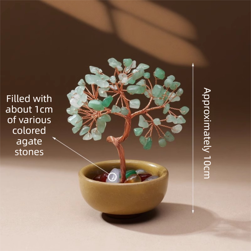 Natural Green Crystal Money Tree with Agate Basin & Adjustable Wire Branches - Desktop Feng Shui Decor for Wealth and Prosperity