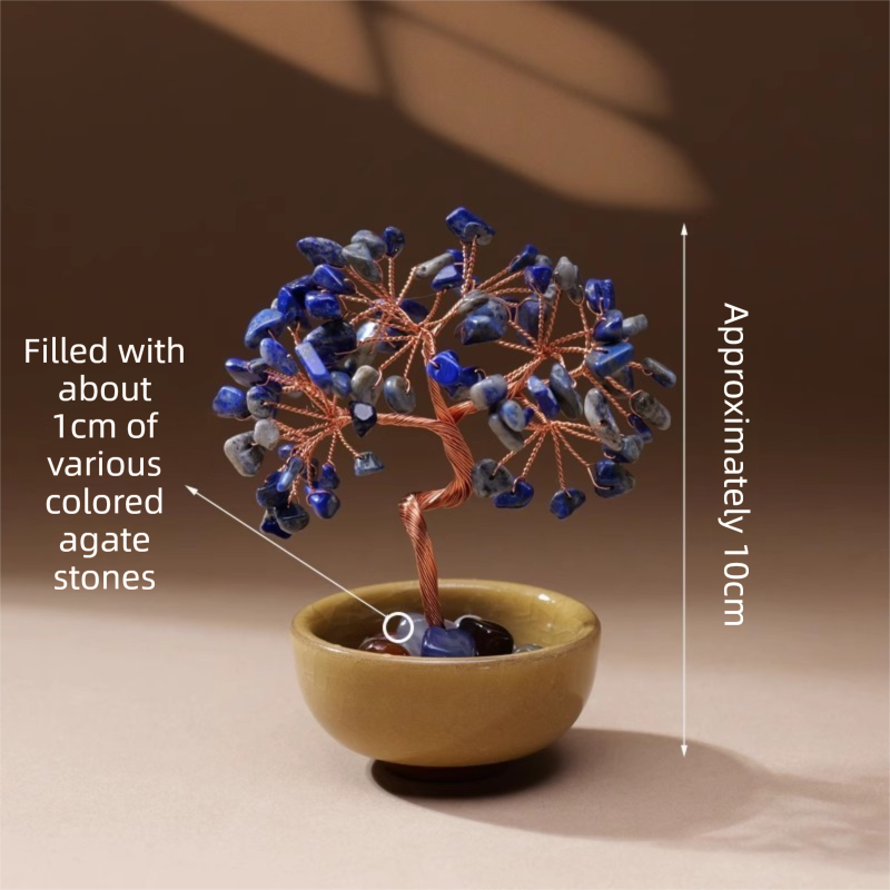 Natural Blue Crystal Money Tree with Agate Basin & Adjustable Wire Branches - Desktop Feng Shui Decor for Wealth and Prosperity