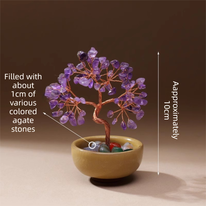 Natural Purple Crystal Money Tree with Agate Basin & Adjustable Wire Branches - Desktop Feng Shui Decor for Wealth and Prosperity