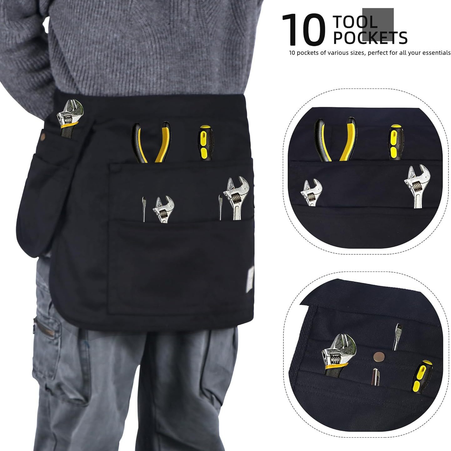 Black 10-Pocket Multi-Purpose Half-Body Utility Apron - Heavy-Duty Organizer Belt for Gardening, Makeup & Hardware
