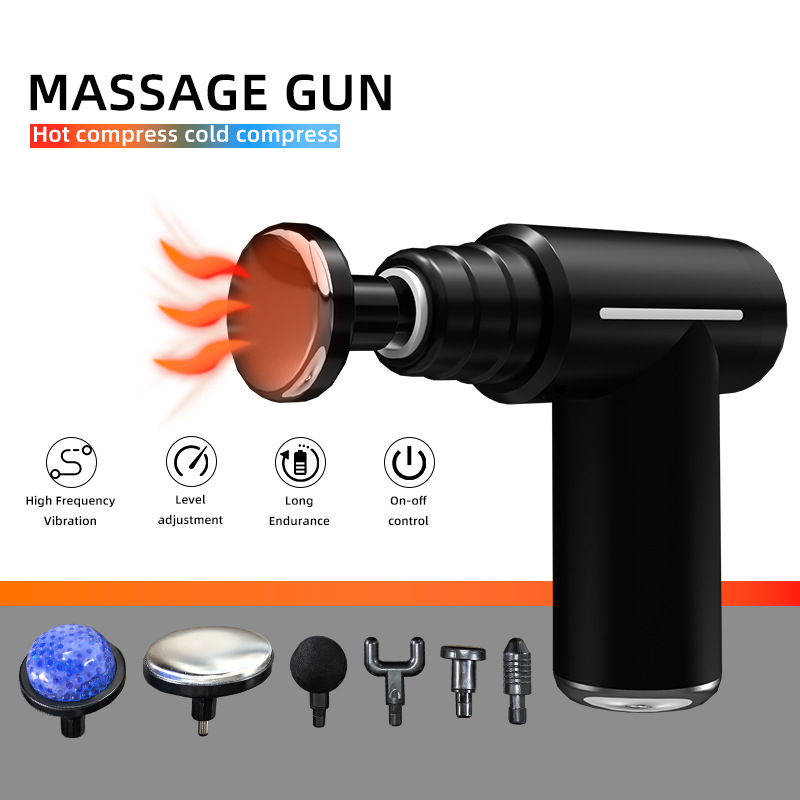 Black Lightweight Mini Hot Cold Massage Gun with 6 Heads - 6 Intensity Dual Thermal Therapy Muscle Reliever for Portable Body Recovery