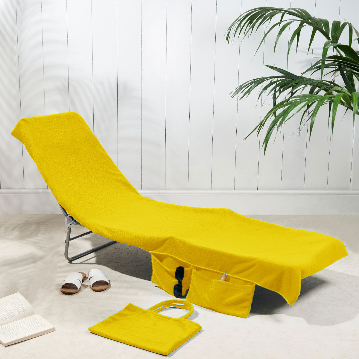2-in-1 Yellow Microfiber Sun Lounger Towel & Portable Tote Bag - Sand-Free & Quick Dry Beach Chair Cover with Side Pockets (75x211cm)