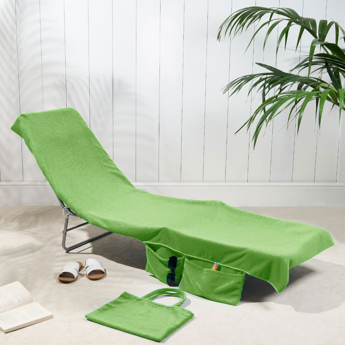 2-in-1 Green Microfiber Sun Lounger Towel & Portable Tote Bag - Sand-Free & Quick Dry Beach Chair Cover with Side Pockets (75x211cm)
