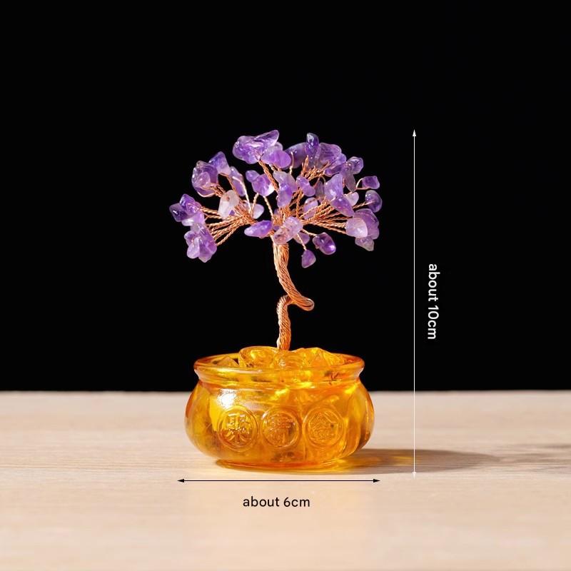 Natural Purple Crystal Money Tree with Fortune Basin & Adjustable Wire Branches - Desktop Feng Shui Decor for Wealth and Prosperity
