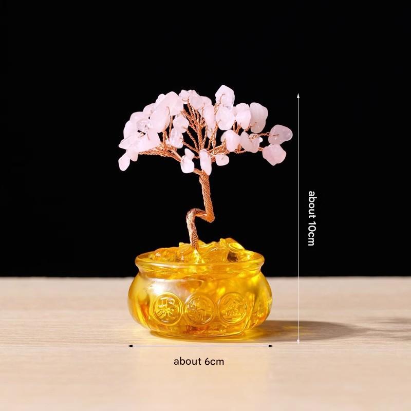Natural Pink Crystal Money Tree with Fortune Basin & Adjustable Wire Branches - Desktop Feng Shui Decor for Wealth and Prosperity