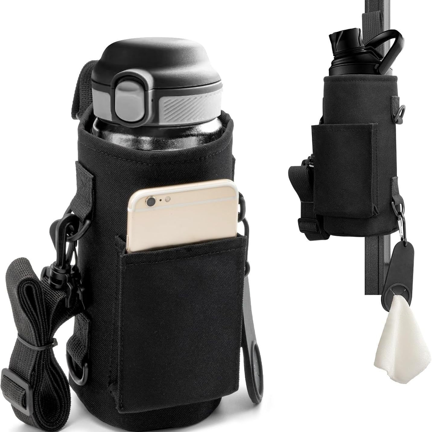 Black Magnetic Gym Water Bottle Pouch & Towel Clip with 6 High-Strength Magnets and Adjustable Strap - Fits 18oz to 40oz