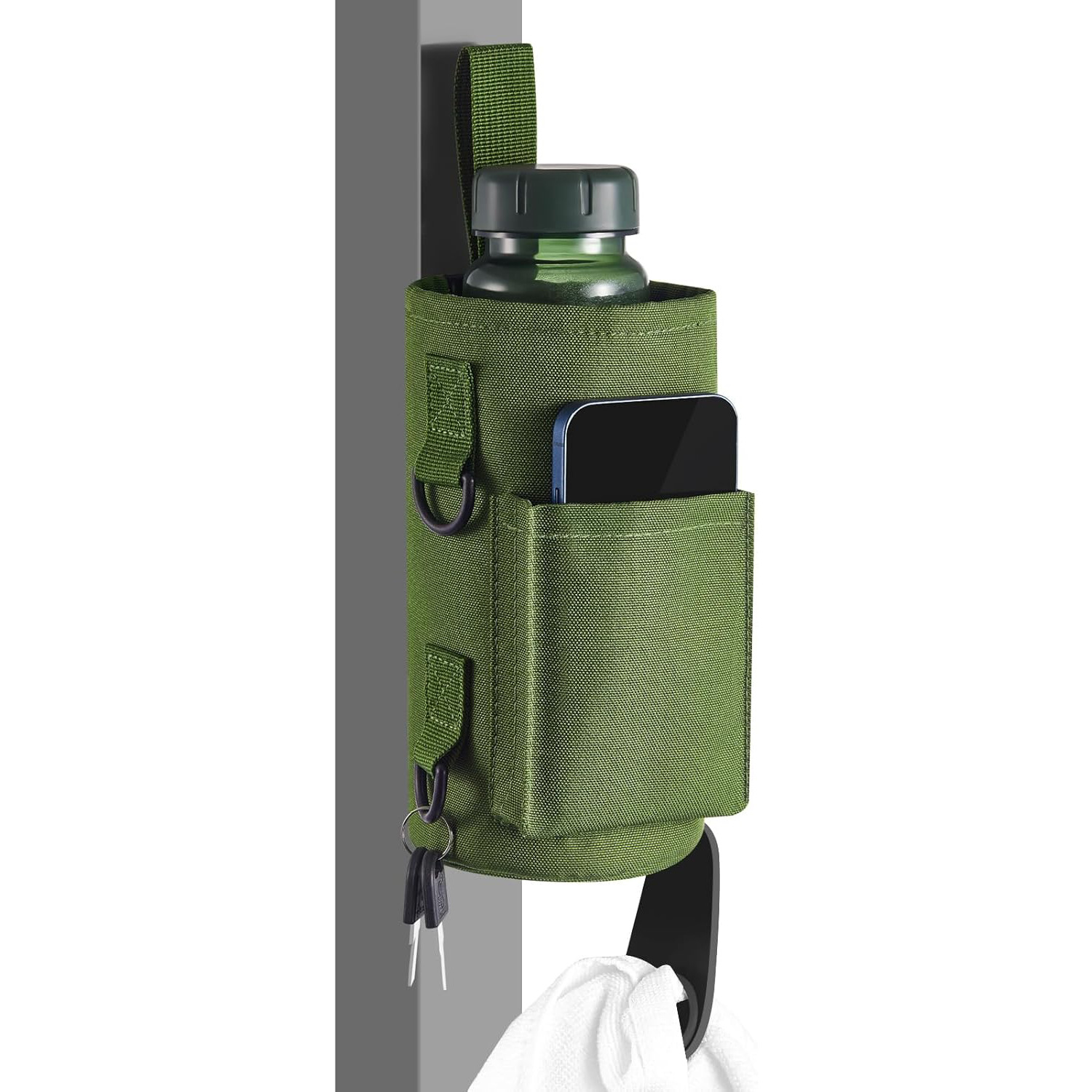 Green Magnetic Gym Water Bottle Pouch & Towel Clip with 6 High-Strength Magnets and Adjustable Strap - Fits 18oz to 40oz
