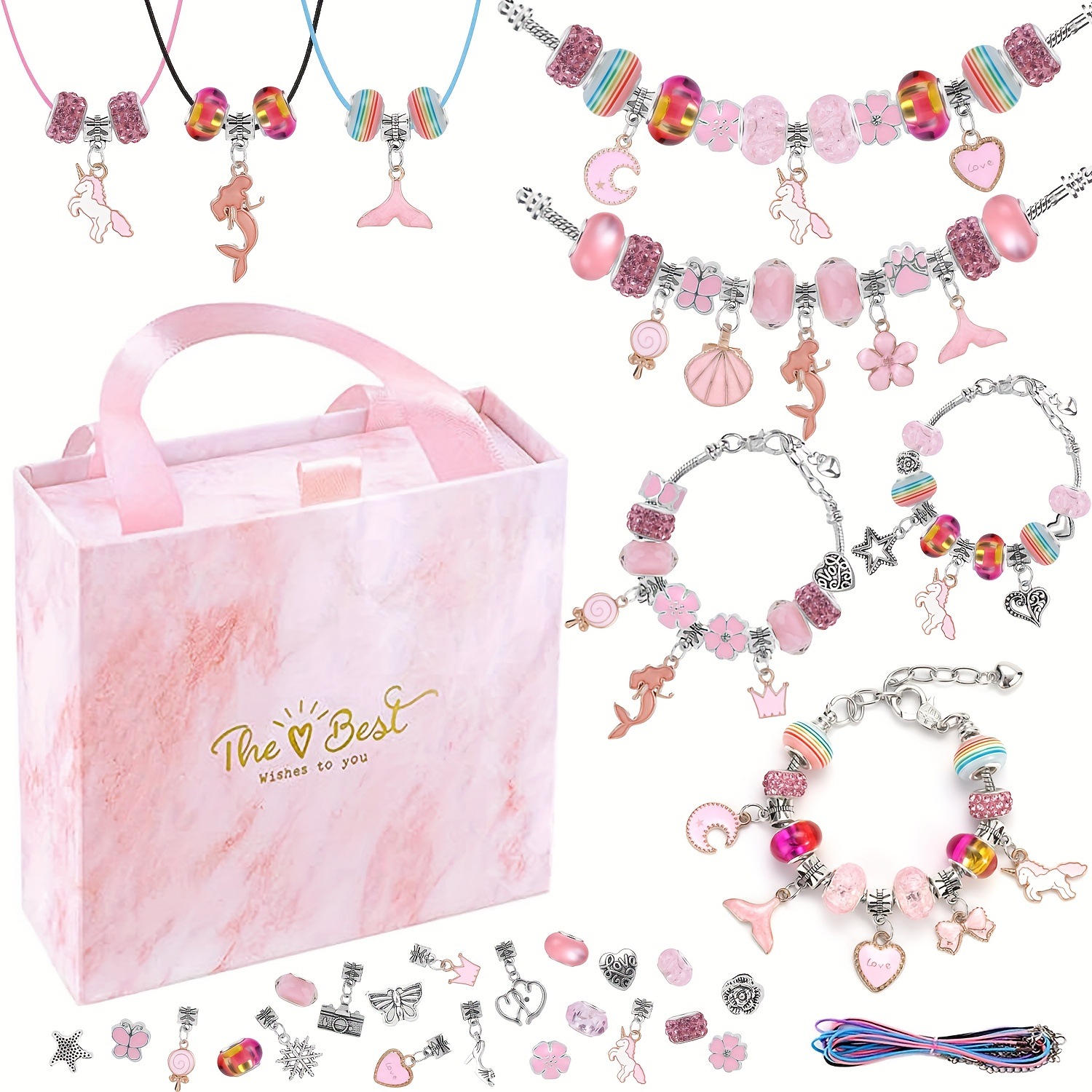 67PCS Pink DIY Charm Necklace & Bracelet Making Kit - Creative Jewelry Craft Set with Colorful Drip Oil Pendants & Metal Beads