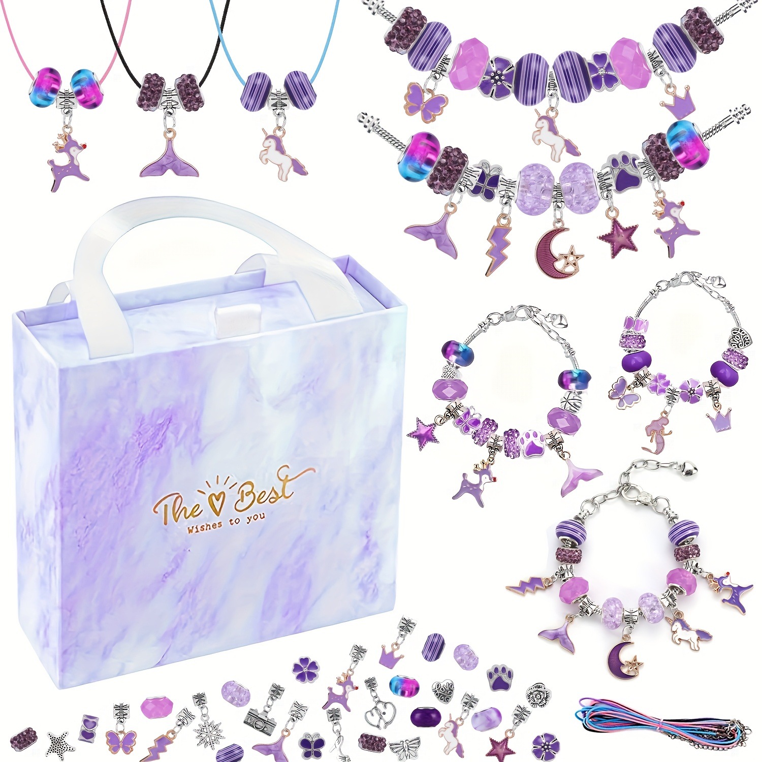 67PCS Purple DIY Charm Necklace & Bracelet Making Kit - Creative Jewelry Craft Set with Colorful Drip Oil Pendants & Metal Beads