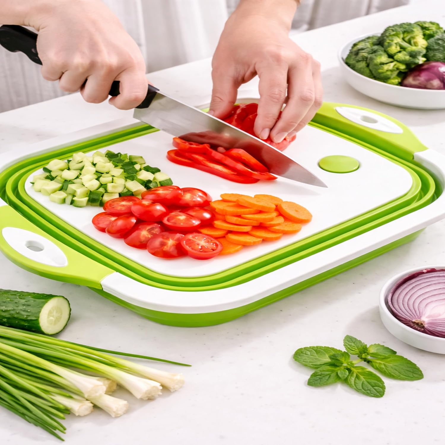 3-in-1 Green Collapsible Cutting Board & Drain Basin & Storage Tub - Portable Multifunctional Food Grade Storage Basket(37x27x12cm)