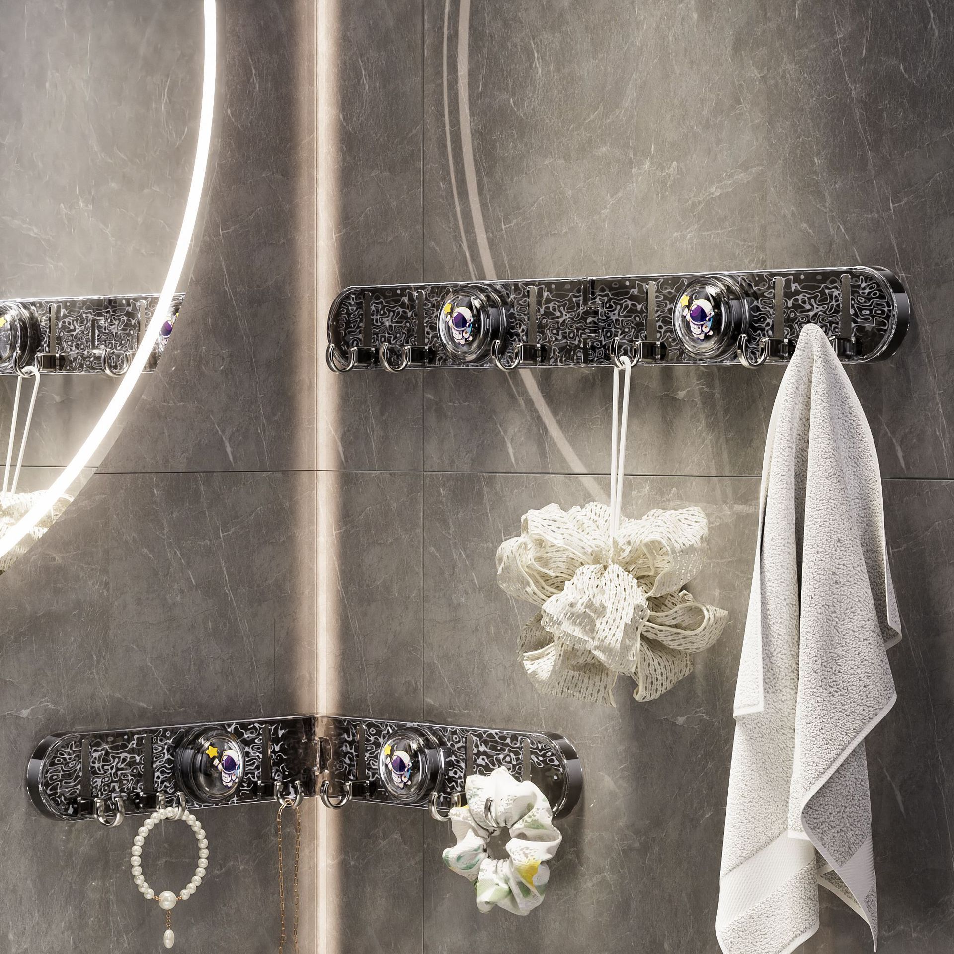 180° Foldable Hidden Hook Rail with Reusable Suction Cup - Waterproof Water Ripple Rack for Bathroom & Kitchen (Black-Transparency)