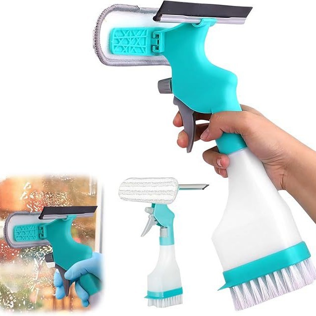 4-in-1 Versatile Window Cleaning Kit (4 Pack) - All-in-One Spray, Squeegee, Brush, and Plush Scrubber