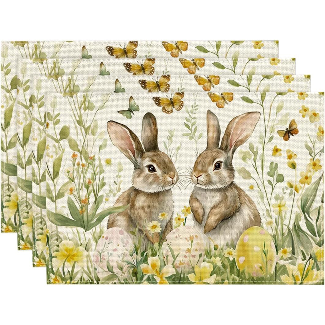 4-Pack Happy Easter Bunny & Egg Placemats - Festive Holiday Table Mats - Stain-Resistant Kitchen Decor for Spring Parties