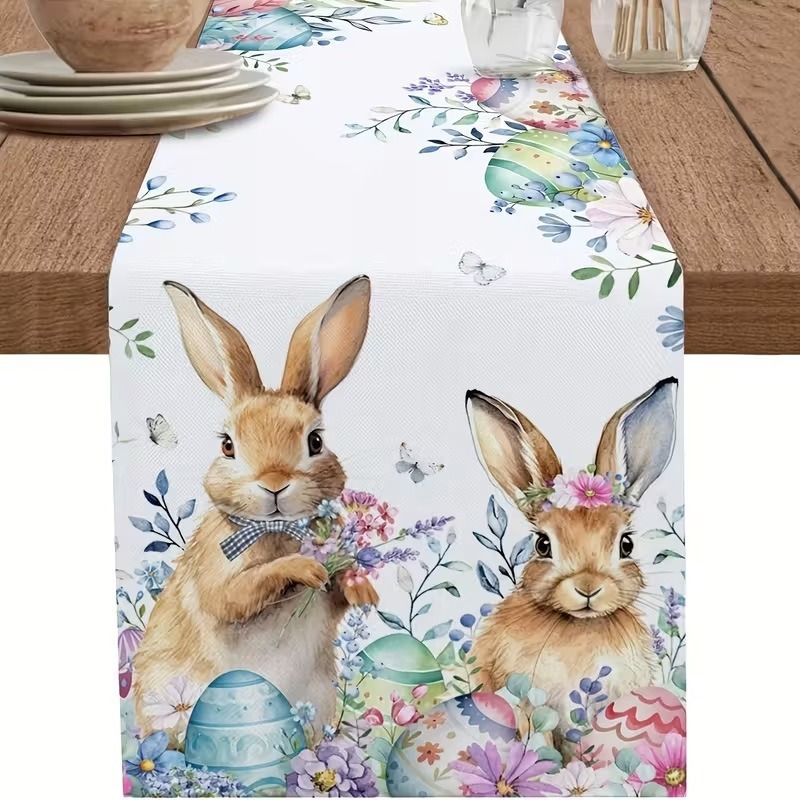 33 x 183 CM Festive Easter Linen Table Runner - Cartoon Bunny Table Runner & Stain-Resistant Primitive Home Decor (Style-1)
