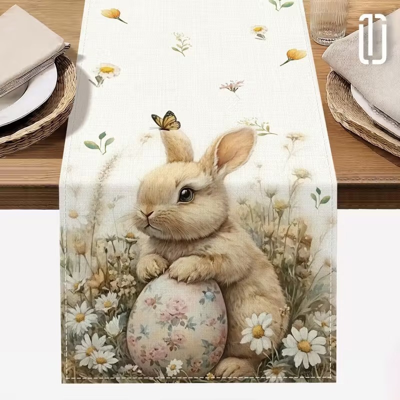 33 x 183 CM Festive Easter Linen Table Runner - Cartoon Bunny Table Runner & Stain-Resistant Primitive Home Decor (Style-2)