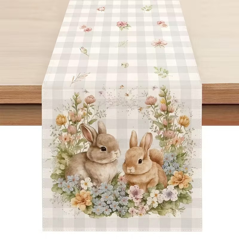 33 x 183 CM Festive Easter Linen Table Runner - Cartoon Bunny Table Runner & Stain-Resistant Primitive Home Decor (Style-5)