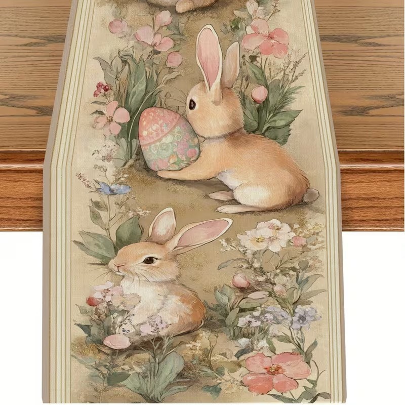 33 x 183 CM Festive Easter Linen Table Runner - Cartoon Bunny Table Runner & Stain-Resistant Primitive Home Decor (Style-6)